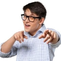 man in glasses pointing with both hands