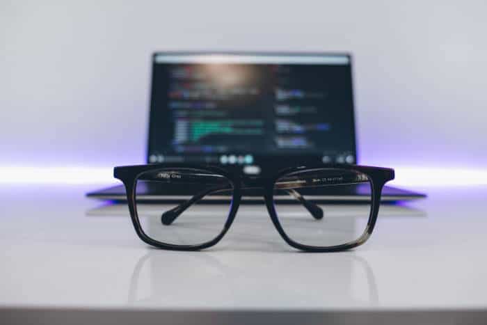 felix gray blue light glasses in front of laptop