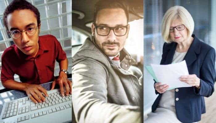 people wearing glasses for computer use, driving, and reading