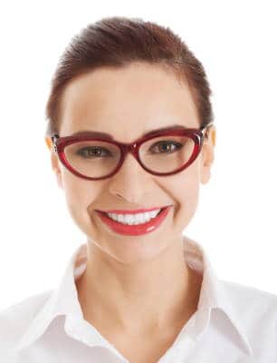 young woman wearing red cat eye glasses